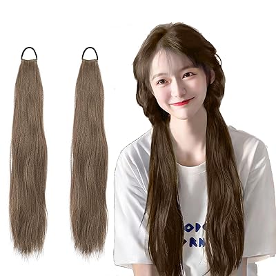 ポニーテール ウィッグ ロング 45cm ツインテール エクステ ポニーテールエクステンション ワンタッチエクステバンド式 自然 取り付け簡単 日常 ヘアカラー 部分 膨らみストレート(2個入リ, ツインテール きつね色)