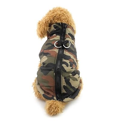 犬の服 ダウンコート 迷彩柄 ジャケット 暖かい 防寒 ハーネス パーカー 小型犬 猫用洋服 ジッパー式 ベスト 軽量 ペット服 秋冬服 お散歩 グリーン L