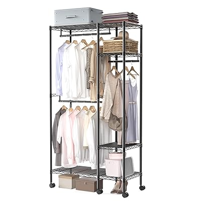 ハンガーラック 頑丈 ワードローブ 2段 大容量 キャスター付き スチールラック 棚付き 耐荷重230KG 洋服ラック 洋服掛け 衣類収納 高さ調節可能 組立簡...