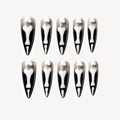 手作り ネイルチップ ロング アーモンド スティレット つけ爪 ブラック ホワイト 夜光 蓄光 骨の指 ハロウィン デザイン おしゃれ 付け爪 10枚入 (#128 S)
