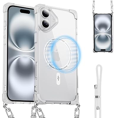 For iPhone 16 Plus ケース クリア ショルダー MagSafe対応 耐衝撃 iPhone 16 Plus スマホケース マグセーフ対応 透明 織りストラップ付き PC背面 + TPUバンパー 二層構造 アイフォン16plus カバー