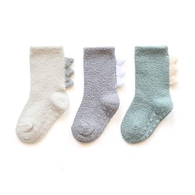 [インソミラ] 恐竜 3足セット キッズ もこもこソックス 子供靴下 ふわふわ 防寒 ルーム靴下 防寒靴下 冬 厚手 可愛い 女の子 男の子 ルーム ベビー 赤ちゃん 滑り止め付き 新生児 通園 通学 キャラクター 睡眠 寒さ対策 (M, ホワイト/