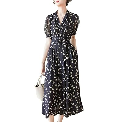 ワンピース レディース 夏40代 50代ドレス 女性柄上品どれす 品質よい ラペル襟Vネック なつ半袖スーツ 黒総柄 ウエストリボン 細腰サマーワンピース