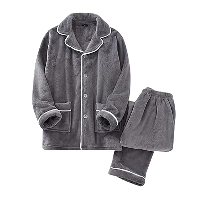 パジャマ メンズ 上下セット 前開き 衿付き ポケット付き 長袖&長ズボン フランネル あったか ふんわり 厚手 冬用 ルームウェア 部屋着 (グレー, M)