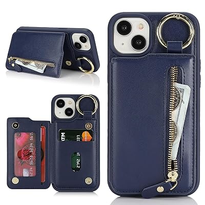 いphone14 ケース iphone13 ケース iphone13ケース カード収納 リング付き キーホルダー キーリング 米軍MIL規格 スタンド機能 耐衝撃 財布 フェイクレザー-ブルー