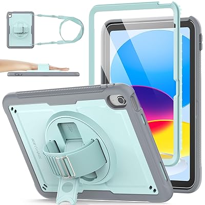 iPad A16 第11世代11インチ/第10世代10.9インチ専用ケース 耐衝撃 Gフック式ハンドストラップ 360°回転スタンド ペン収納 ショルダーストラップ フィルム付き前面フレーム 全面保護カバー (ライトブルー)