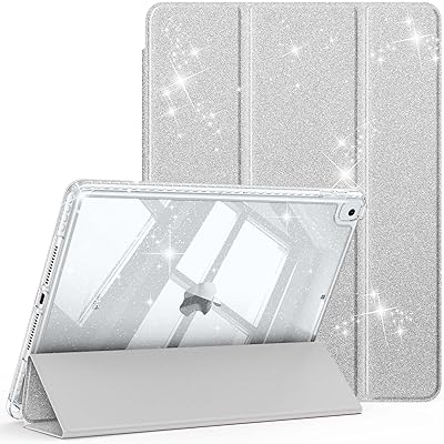 iPad 第9 / 8 / 7世代 ケース 2021/2020/2019 10.2インチ キラキラ透明バックカバー クリアケース Pencil 収納可能 三つ折スタンド スリープ機能 軽量 薄型 傷つけ防止 PU合成レザー(シルバー)