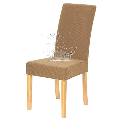 防水チェアカバー、防水伸縮性素材、耐久性、洗える、取り外し、伸びる、ダイニングチェアカバー、四枚セット,カーキ