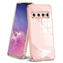 Galaxy S10 ケース クリア 耐衝撃 TPU ケース レンズ保護 ソフトケース 透明 メッキ加工 ワイヤレス充電 ギャラクシーS10 カバー ラップホール付き 薄型 軽量 メッキ枠 ピンク/ゴールド JP2-50(2)