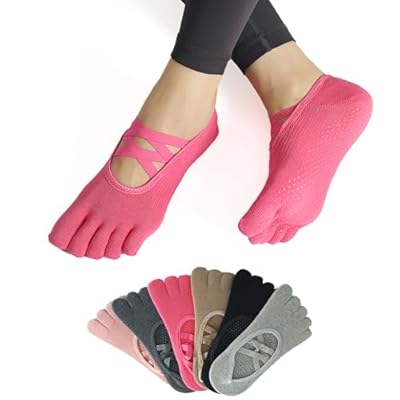 5本指ヨガソックス 滑り止め付きレディースピラティス 靴下 つま先あり ピラティス ソックス 通気性 抗菌防臭 速乾 色あせない 汗対策 おしゃれ 室内運動 (JP, アルファベット, Free Size, ローズレッド(1足セット))
