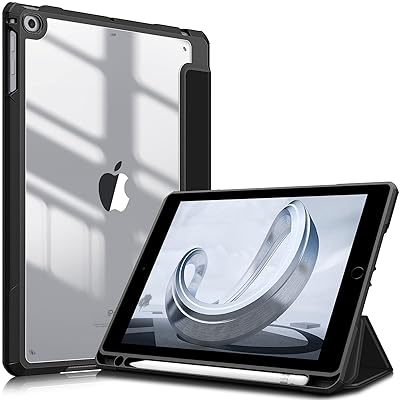 iPad 9.7 2018 2017 / Air 2 / 1 ケース 透明バックカバー Apple Pencil 収納可能 三つ折スタンド スリープ機能 軽量 薄型 傷つけ防止 PU合成レザー TPU 第6 / 5世代対応 (1ブラック)