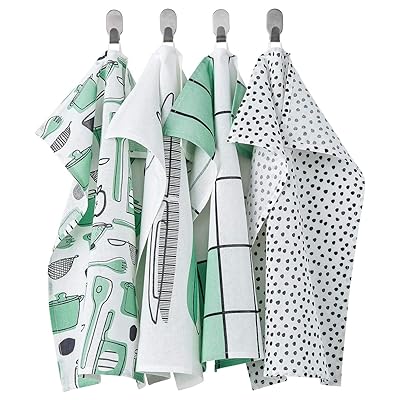 IKEA/ RINNIG/リンニング：キッチンクロス45x60 cm 4枚セット ホワイト/グリーン（904.763.57）