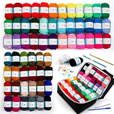 アクリル毛糸62色 かぎ針編み用糸 1玉17g カギ針 とじ針 段数マーカー付き 柔らかい糸 たわし マフラー 帽子 編み物 小物 デコレーション ケース付き ...