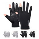 メンズ グローブ 夏用 グローブ 薄型 UV手袋 接触冷感【UVカット・通気性あり・滑り止め加工・タッチパネル対応】日焼け対策 釣り・自転車・運転 男女兼用 (2指出し,ブラック, L-男性向)