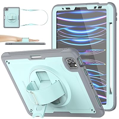 iPad Air 5/iPad Air 4/11インチiPad Pro第4/3/2/1世代通用型ケース 耐衝撃 Gフック式ハンドストラップ 360°回転スタンド ペン収納 ショルダーストラップ フィルム付き前面フレーム 全面保護カバー(ライトブルー)