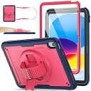 iPad A16 第11世代11インチ/第10世代10.9インチ専用ケース 耐衝撃 Gフック式ハンドストラップ 360°回転スタンド ペン収納 ショルダーストラップ フィルム付き前面フレーム 全面保護カバー (レッド)