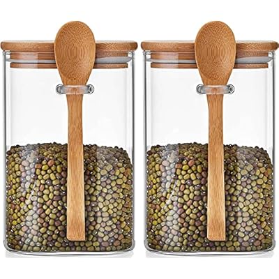 ポカロティー キャニスター ガラス保存容器 コーヒー ガラス瓶 保存瓶 1150ml 2点セット 砂糖 塩 容器 密閉 竹製の蓋・スプーン付き 気密性が良い