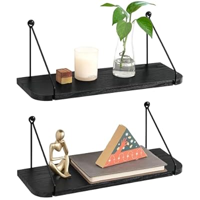 ウォールシェルフ 壁掛け棚 おしゃれ 天然木製 飾り棚 壁面収納 (黒MDF, 奥行き15cm)