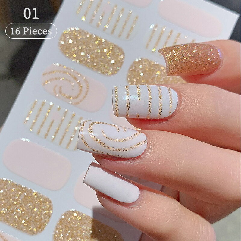 ピンクグリッターデザインベーキングフリーネイルステッカーフレンチスタイルソリッドカラー粘着フルカ..