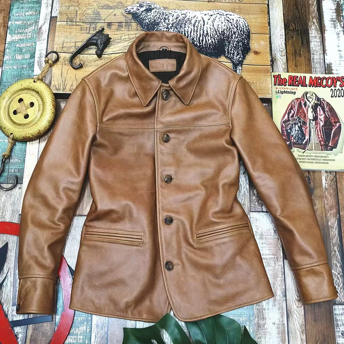 乐天商城 - 高品質 カウハイド 復刻50's カーコート レザージャケット ナチュラルブラウン Mサイズ ドライビング ブレーキマン （株）C&Jオイルレザ