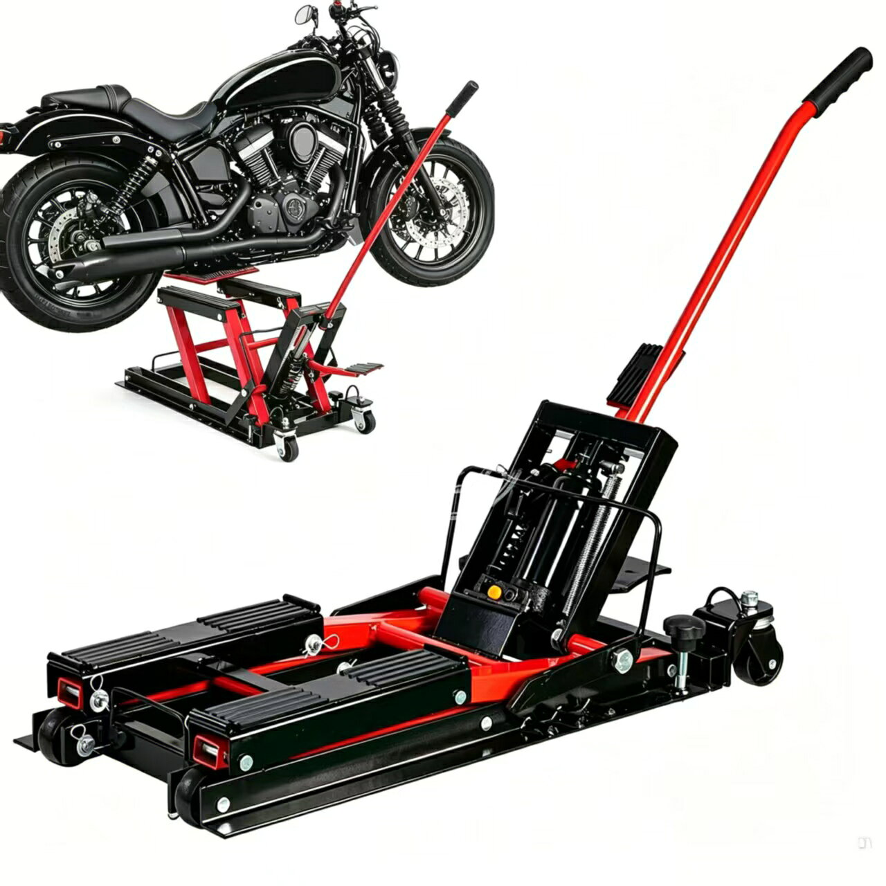 油圧バイクジャッキ バイクリフトスタンド 耐荷重1500LBS 3段階安全ピン付き 360°...