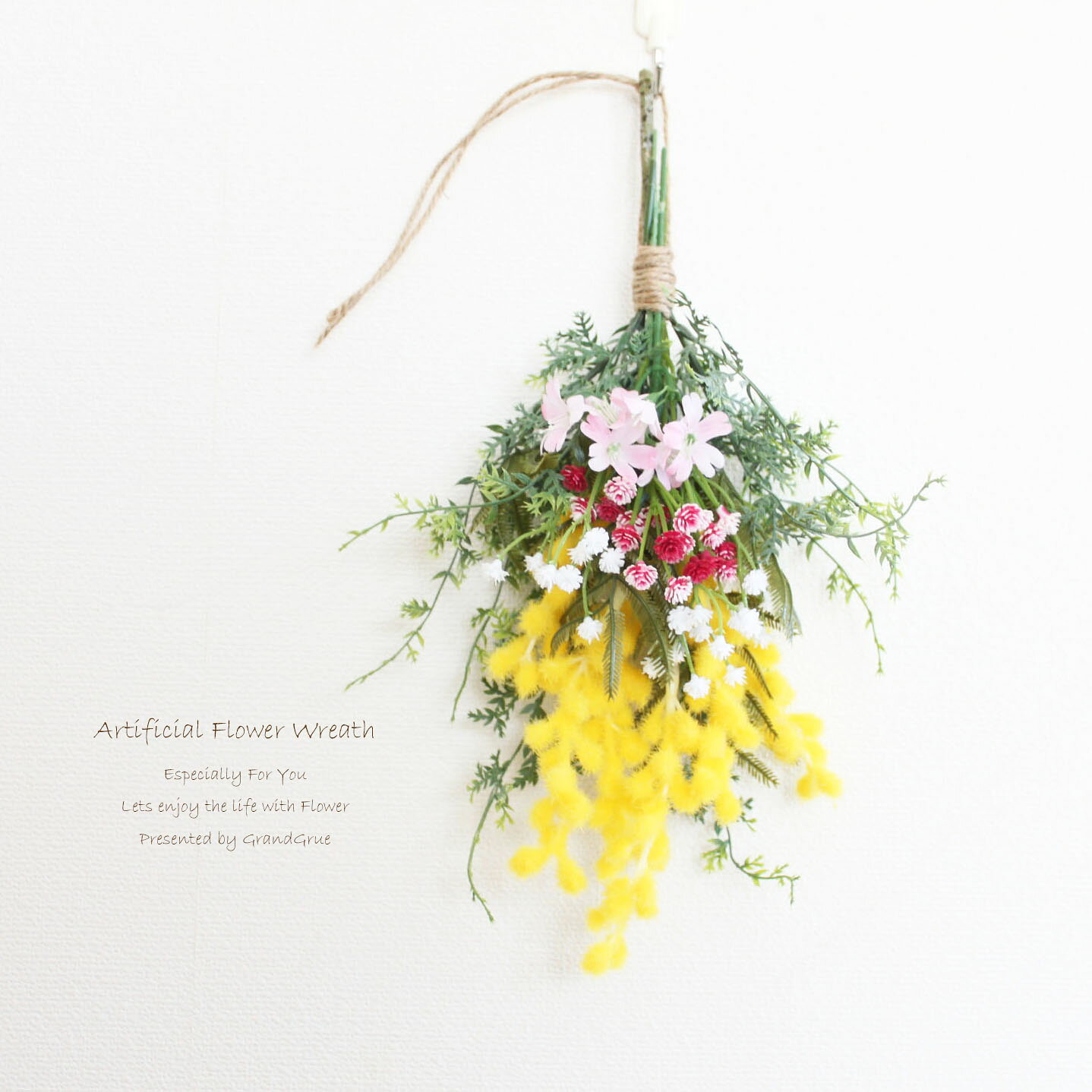 「送料無料」ミモザ＆かすみ草＆小花 ミニタイプ 壁掛けハンギングリース（アーティフィシャルフラワー）