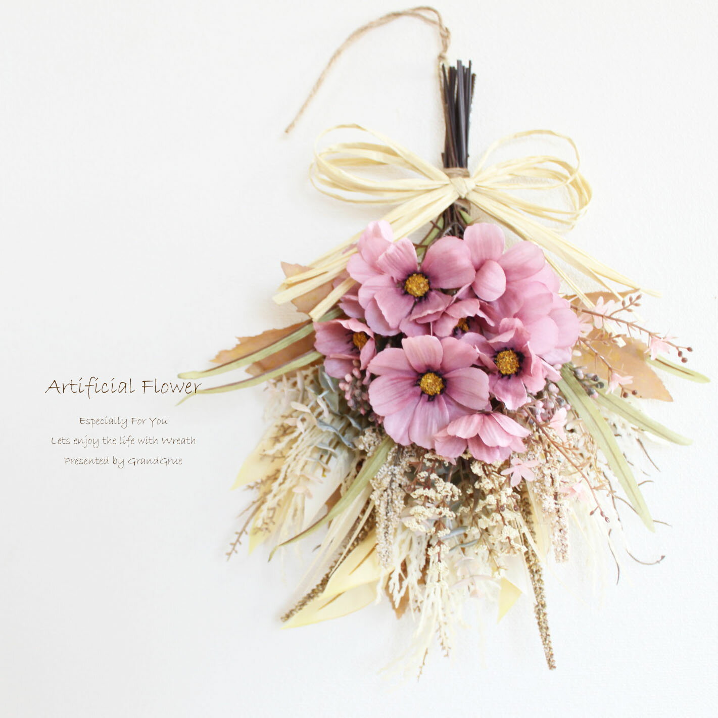 乐天商城 - コスモス 秋桜 リース スワッグ アーティフィシャルフラワー 玄関飾り 造花 壁掛け 秋リース