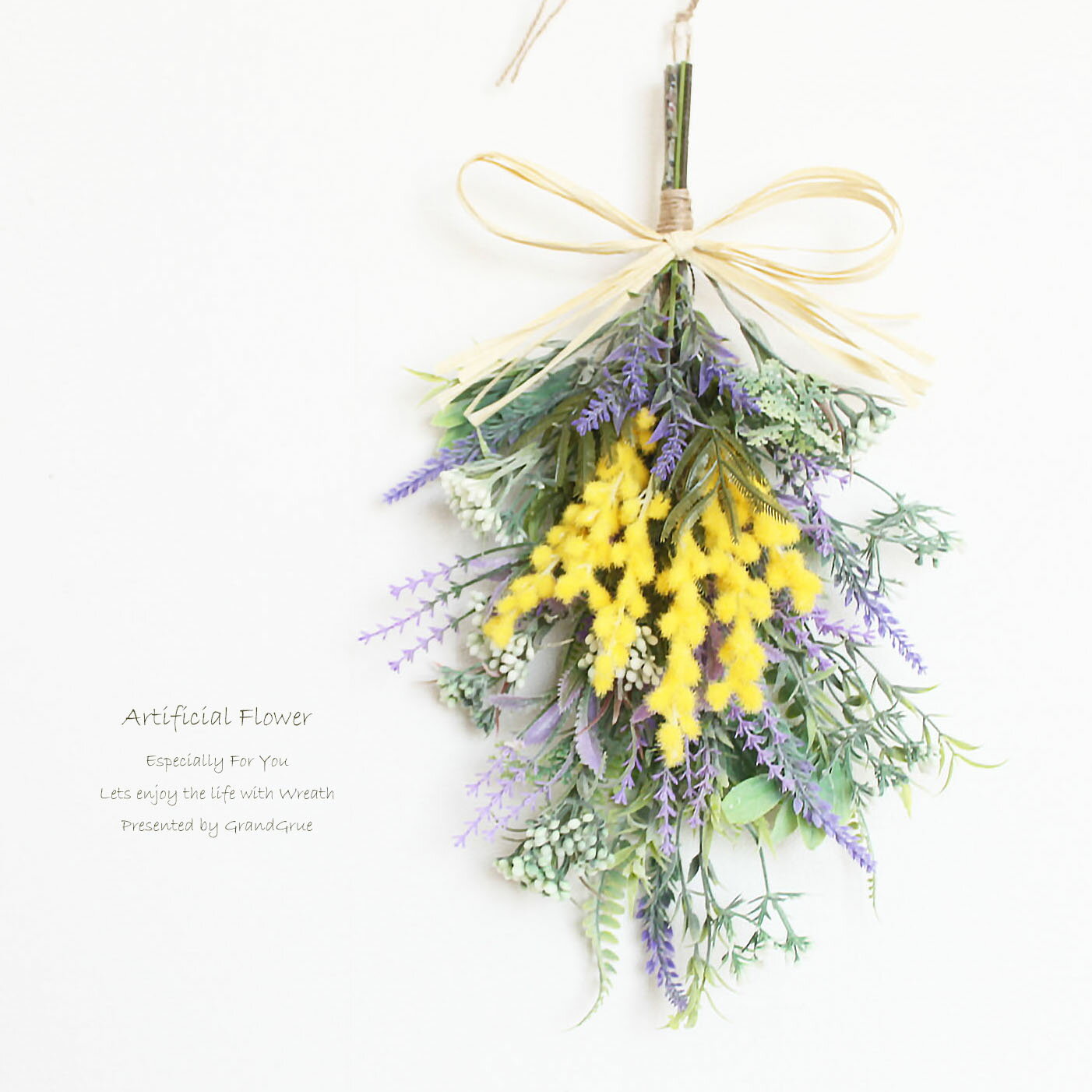 ミモザ ラベンダー リース スワッグ 玄関飾り 造花 送料無料 V752