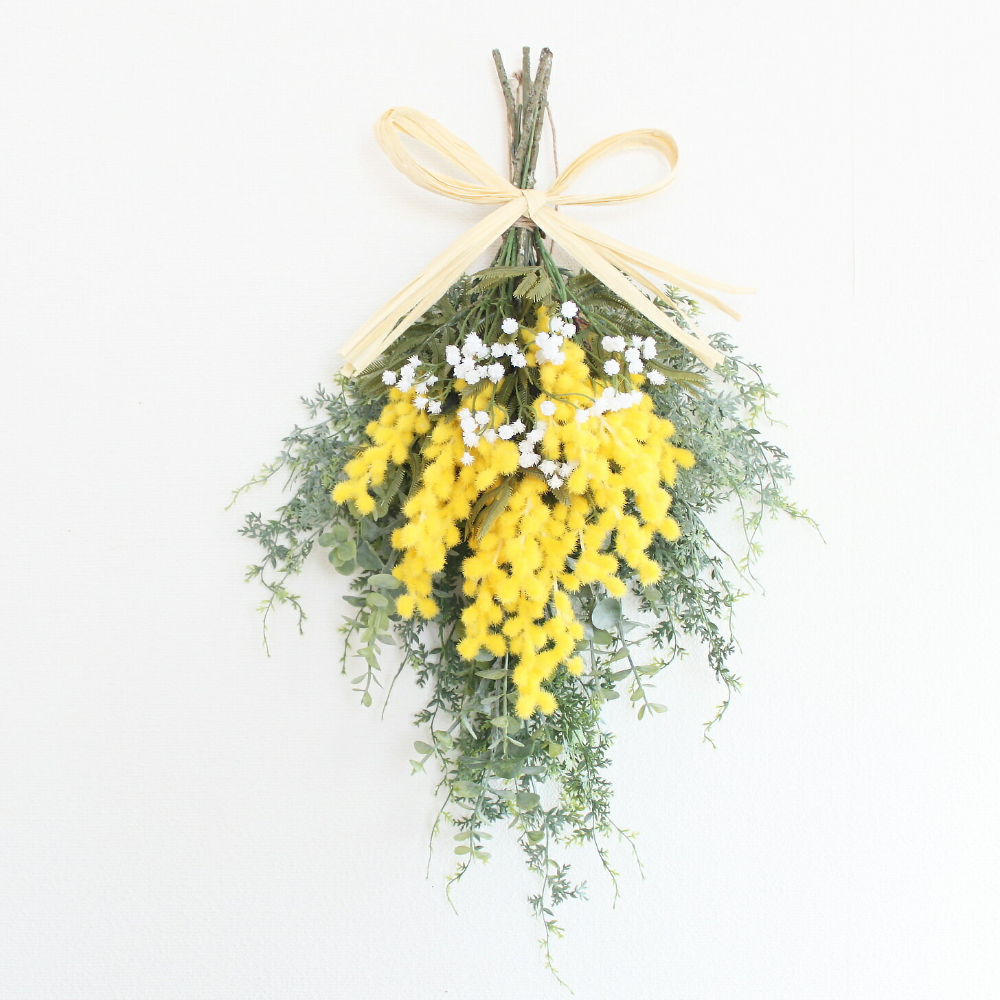 乐天商城 - 「限定販売」ミモザ＆かすみ草（ロングタイプ） スワッグリース 玄関飾り 造花