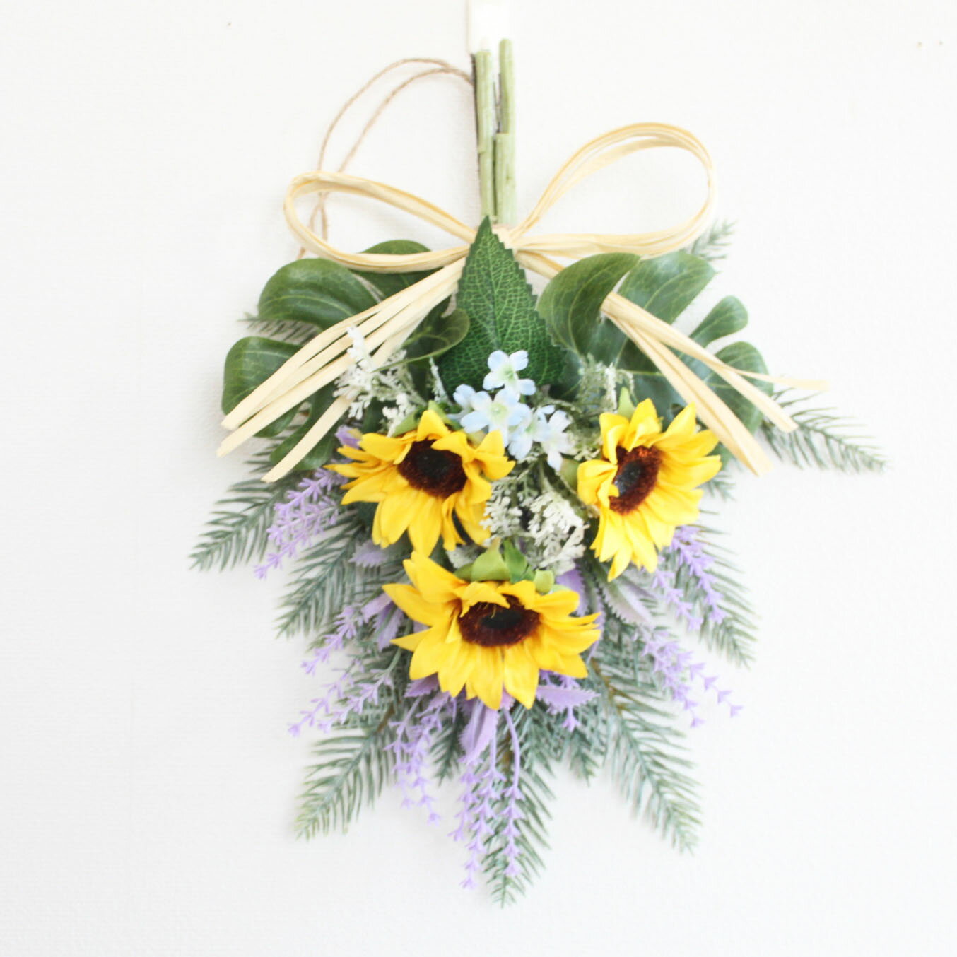 ひまわり ラベンダー モンステラ スワッグリース 玄関 造花