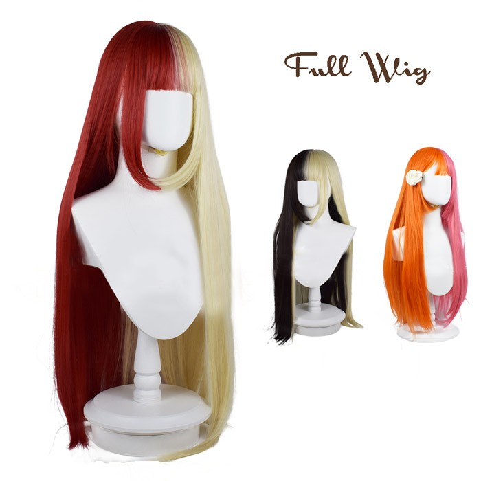 ツートンカラー フルウィッグ ロング ストレート コスプレ ウィッグ レディース 耐熱 ウイッグ カツラ 前髪あり 原宿風 個性派 派手髪 赤 黒 金 ピンク オレンジ アニメ風 文化祭 学園祭 イベント 仮装 コスチューム 撮影用 かわいい 自然 変装用