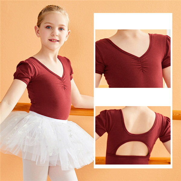 キッズレオタード バレエレオタード 子ども スカート付き チュール 練習着 フリル 半袖 Vネック バレエダンス セットアップ バレエ レオタード 股下スナップ 女の子 キッズ ジュニア 子供ダンス衣装 ブルー 赤 パープル ピンク オレンジ 110 120 130 140 150 160