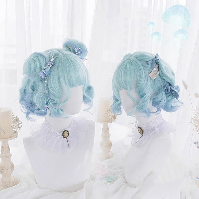 ウィッグ lolita 短髪 ロリータ風 原宿風 かつら 巻き毛 ぱっつん前髪 カール パーマ ウェーブ 綺麗 コスプレ 青 ブルー レディース コスプレウィッグ 可愛い ショート 耐熱ウィッグ コスチューム 仮装 大人用