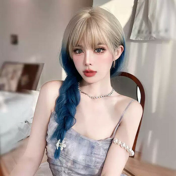 ウィッグ lolita レディース フルウィッグ 小顔効果抜群 長髪 ロングウィッグ ゆめ可愛い 原宿風 かつら ぱっつん前髪 コスプレ ロリータ 可愛い キュート パーティー ハロウィン COSPLAY コスチューム 仮装 変装 女装 イベント 文化祭 学園祭 演劇 舞台 ブルー×ゴールド