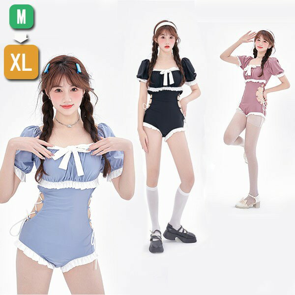 水着 レディース 一体型 ハイウエスト セクシー 可愛い リボン 体型カバー 着痩せ パッド付 モノキニ かわいい 女性 海水浴 温泉 韓国風 ブルー ピンク ブラック