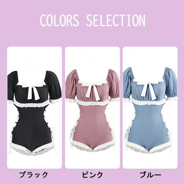 水着 レディース 一体型 ハイウエスト セクシー 可愛い リボン 体型カバー 着痩せ パッド付 モノキニ かわいい 女性 海水浴 温泉 韓国風 ブルー ピンク ブラック