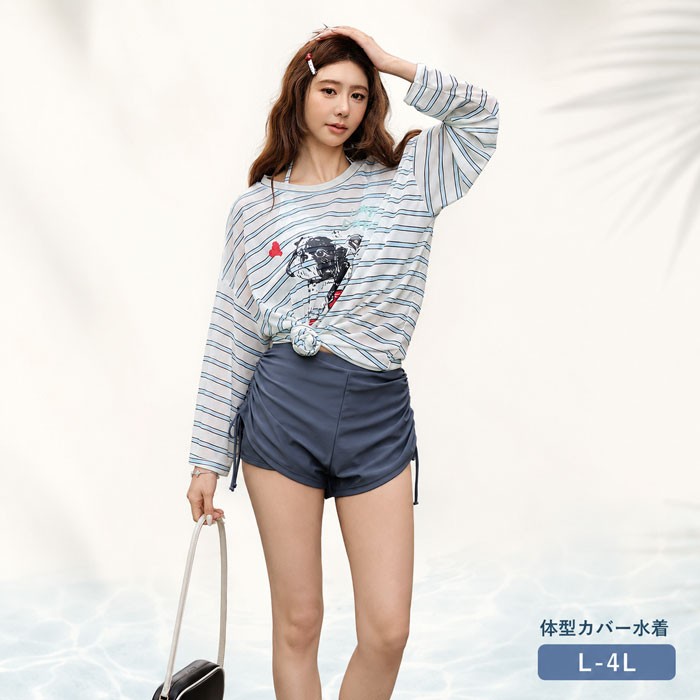 水着 レディース 体型カバー タンキニ 3点セット 長袖Tシャツ付き ラッシュガード風 ハイウエスト ショートパンツ 大きいサイズ L～4L ぽっちゃり セパレート ボーダー ブルーグレー おしゃれ 可愛い 海プール リゾート mg014m3m3m7