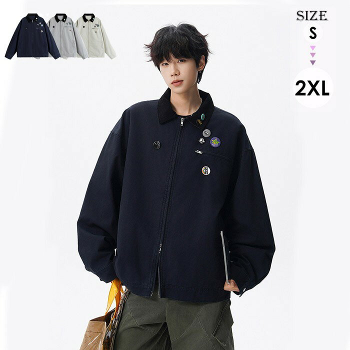 樂天商城 - ジャケット メンズ ブルゾン 春 ジャンパー レディース 大きいサイズ オーバーサイズ アメカジ 男女兼用 お出かけ カッコイイ グレー オフホワイト ネイビー nn013m3m3m7