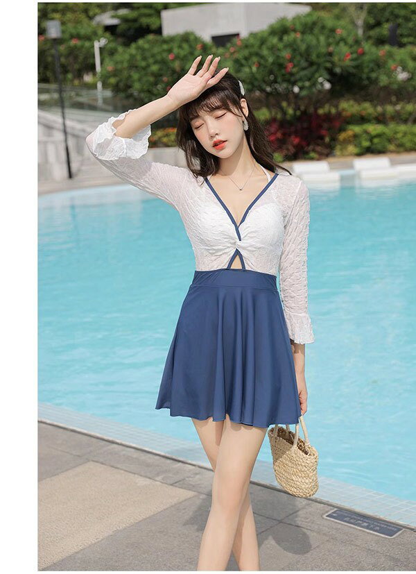 キッズ衣装 通販Gパークのワンピース水着 服みたいな 水着 長袖 透け感あり ワイヤーなし パッド付 レディース 着瘦せ シンプル セクシー 写真映え 撮影用 海 夏 サマー プール リゾート かわいい 透け感あり 旅行 温泉 大人 女性用 ジュニア 学生 女の子 ブルー ホワイト｜アングル3