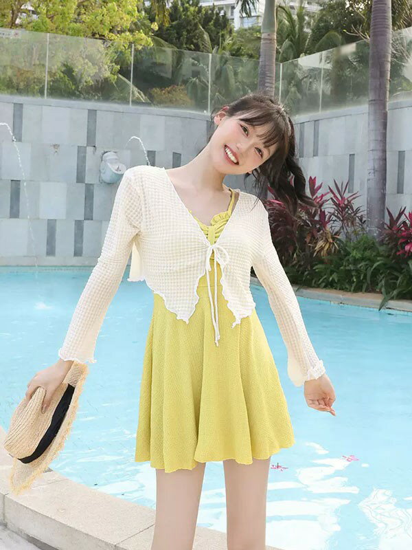 ワンピース水着 服みたいな レディース 2点セット リボン 総柄 長袖 ワイヤーなし パッド付 着瘦せ シンプル セクシー 写真映え 撮影用 海 夏 サマー プール リゾート かわいい 旅行 温泉 大人 女性用 ジュニア 学生 女の子 ママ水着 イエロー