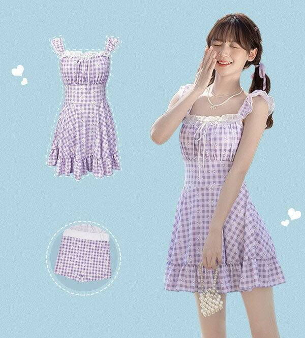 ワンピース水着 服みたいな チェック柄 花柄 水着 レディース ノースリーブ リボン フリル ワイヤーなし パッド付 着痩せ シンプル セクシー 写真映え 撮影用 海 夏 サマー プール リゾート かわいい 旅行 温泉 大人 女性用 ジュニア 学生 女の子 パープル M L XL 2XL