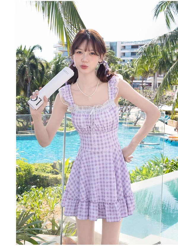 ワンピース水着 服みたいな チェック柄 花柄 水着 レディース ノースリーブ リボン フリル ワイヤーなし パッド付 着痩せ シンプル セクシー 写真映え 撮影用 海 夏 サマー プール リゾート かわいい 旅行 温泉 大人 女性用 ジュニア 学生 女の子 パープル M L XL 2XL