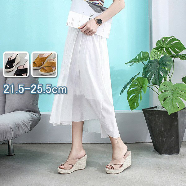 樂天商城 - 【21.5~25.5cm】サンダル 厚底 ウェッジヒール レディース 10.5cm シンプル ヒールサンダル クロスストラップ 大きいサイズ 美脚効果 歩きやすい 小さいサイズ 安定感 ブラック ベージュ イエロー
