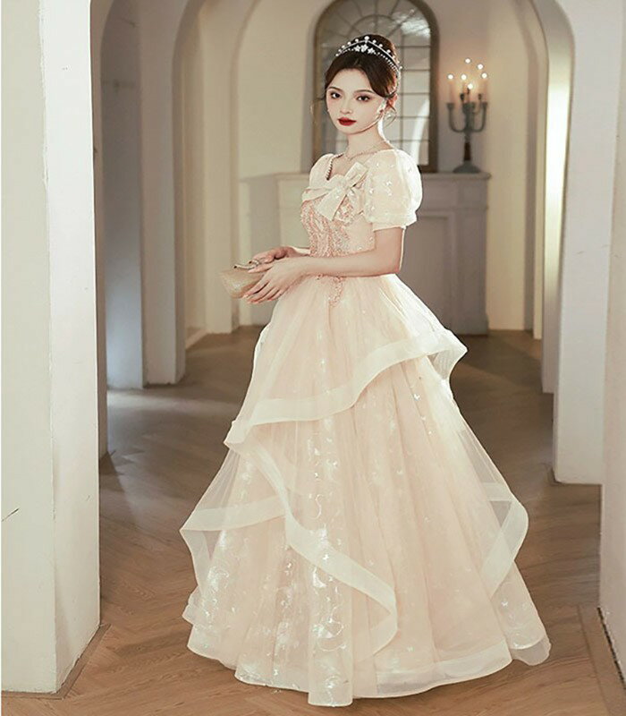 ドレス レディース ロング丈 ピアノ 発表会 パーティードレス 結婚式 イブニングドレス フォーマル 大人 エレガント お呼ばれ 袖あり 二次会 披露宴 演奏会 忘年会 司会ドレス シャンパン色 ベージュ XS-3L