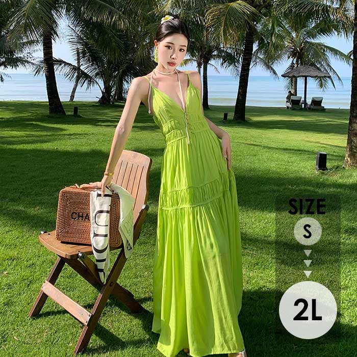 ワンピース 夏服 レディース 袖なし 細いストラップ 調節可能なショルダーストラップ ロング丈 Aライン 大きいサイズ 夏ワンピ リゾート サマー ゆったり ビーチ 薄手 セクシー ハワイ沖縄 旅行用 お呼ばれ きれいめ グリーン S-3L