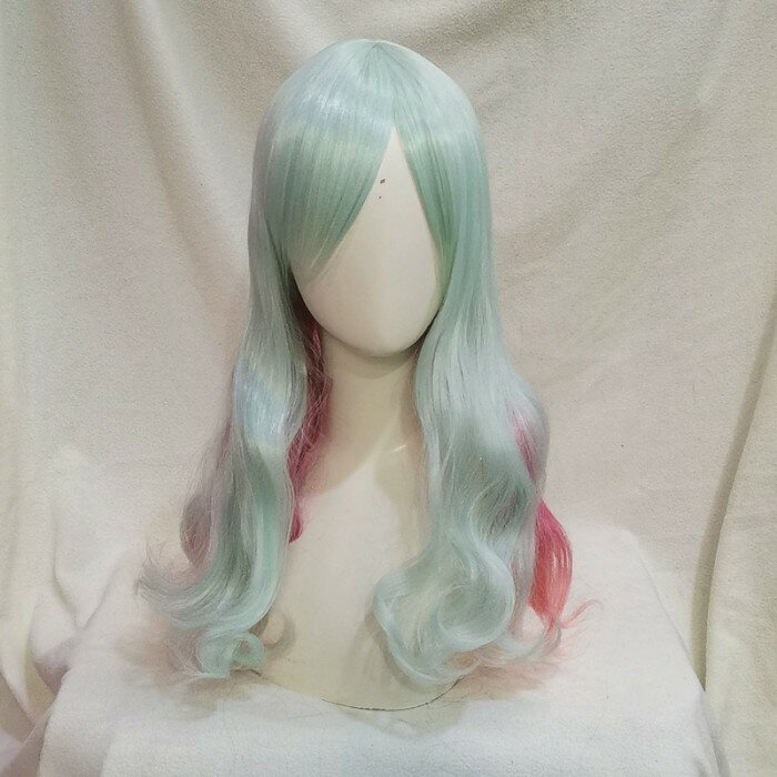 中世の貴族風 グリーンxピンクグラデーション フルウィッグ かつら 女性 長髪 ミディアムウィッグ ミディアムヘア ロリータ lolita 前髪あり 自然 可愛い wig コスプレ 耐熱ウィッグ 小顔効果 コスチューム 仮装 文化祭 学園祭 演劇 舞台 イベント 変装 女装