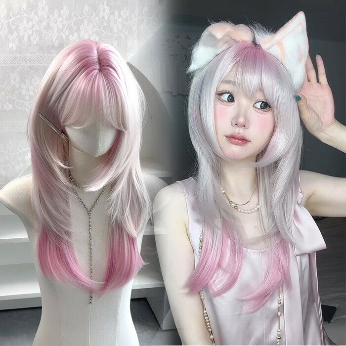 樂天商城 - ロング ウィッグ グラデーション ピンク ホワイト ストレート 前髪あり 耐熱 高品質 フルウィッグ 自然 レディース コスプレ ハロウィン 撮影 イベント 可愛い おしゃれ 韓国風 ヘアスタイル