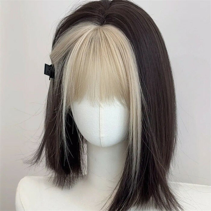 樂天商城 - ウィッグ ボブ ショート ミディアム ツートンカラー 黒金 バイカラー レディース フルウィッグ 前髪あり インナーカラー風 韓国風 モード系 耐熱 かつら wig おしゃれ 原宿系 コスプレ 撮影 イベント 日常 自然 可愛い 小顔効果 ファッション 黒 ブロンド dq329x1x1lc