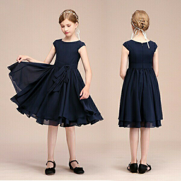 【110/120/130/140/150/160】子供ドレス ピアノ発表会 ミディアム丈 ネイビー シフォンワンピ 上品 女の子 夏 袖付き ビオラバイオリン演奏会 フォーマル キッズドレス ファスナー 結婚式 フラワーガール 花嫁付き添い