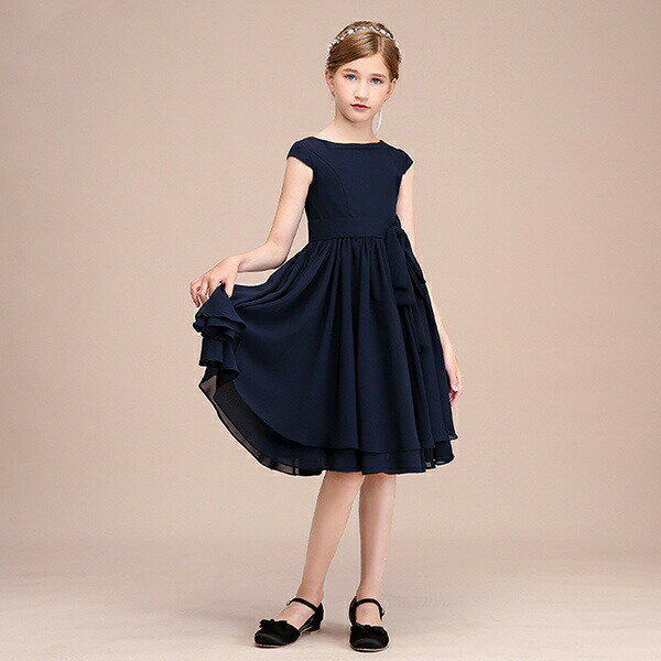 【110/120/130/140/150/160】子供ドレス ピアノ発表会 ミディアム丈 ネイビー シフォンワンピ 上品 女の子 夏 袖付き ビオラバイオリン演奏会 フォーマル キッズドレス ファスナー 結婚式 フラワーガール 花嫁付き添い